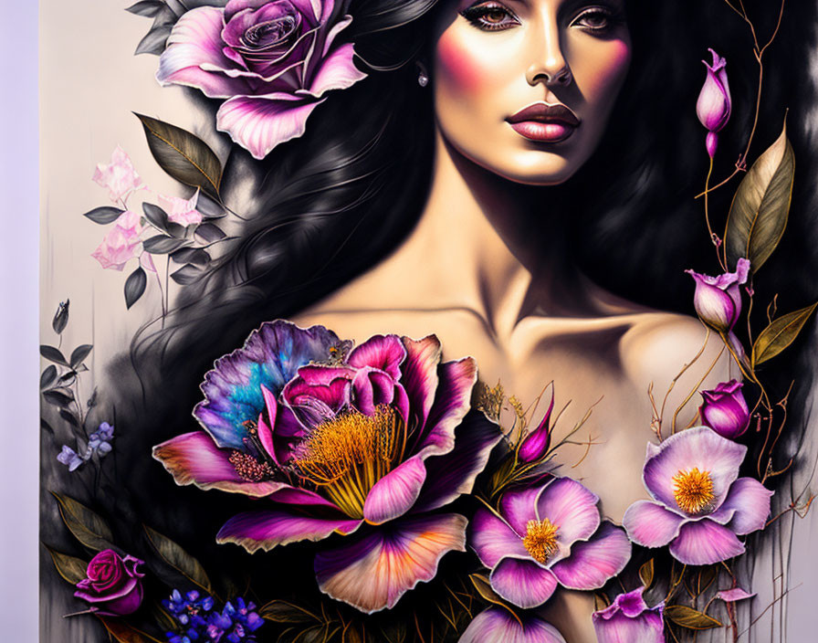 Woman with Dark Hair and Vibrant Flowers in Artistic Portrayal