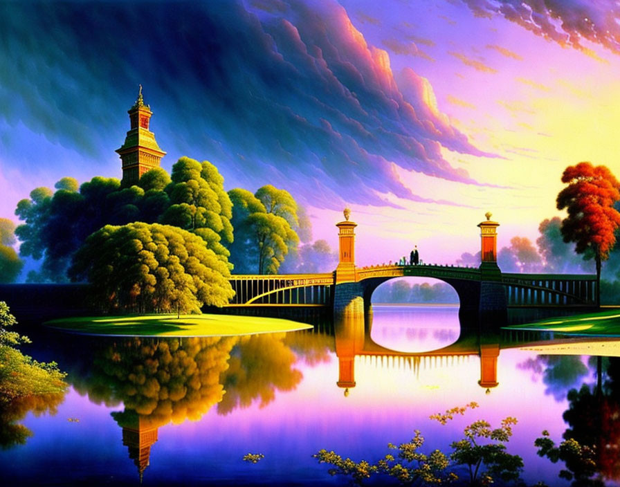 Scenic landscape painting with bridge, river, trees, tower, and dramatic sky