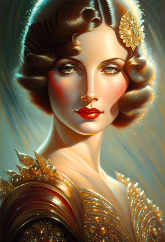 Vintage Glamor: Woman's Illustrated Portrait with Wavy Hair, Golden Dress, and Jeweled Access