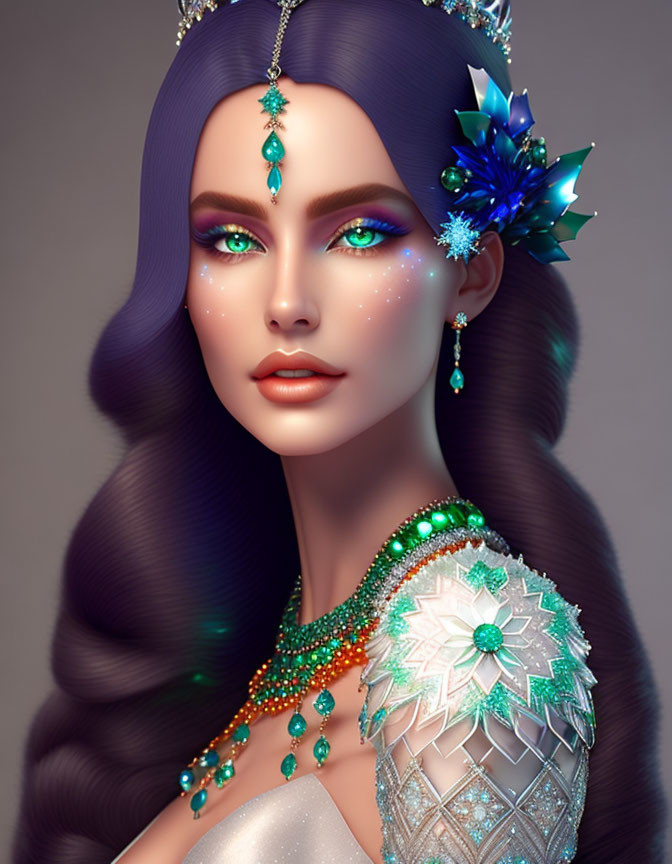 Vibrant digital portrait: woman with purple hair, green eyes, gemstone jewelry, blue flower