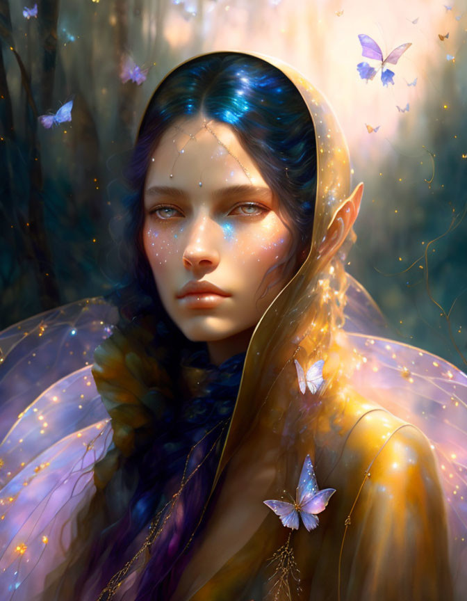 Mystical female figure with blue hair and butterflies in golden glow.