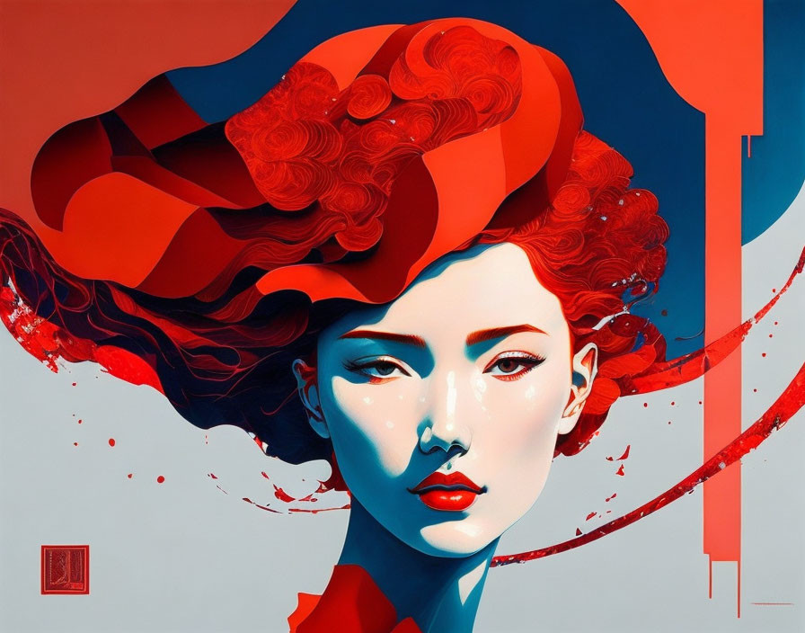 Surreal red and blue toned woman illustration with flowing hair