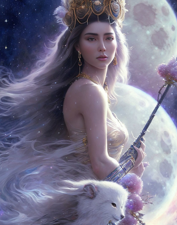 Mystical woman with white hair and crown holding staff with white fox in celestial setting