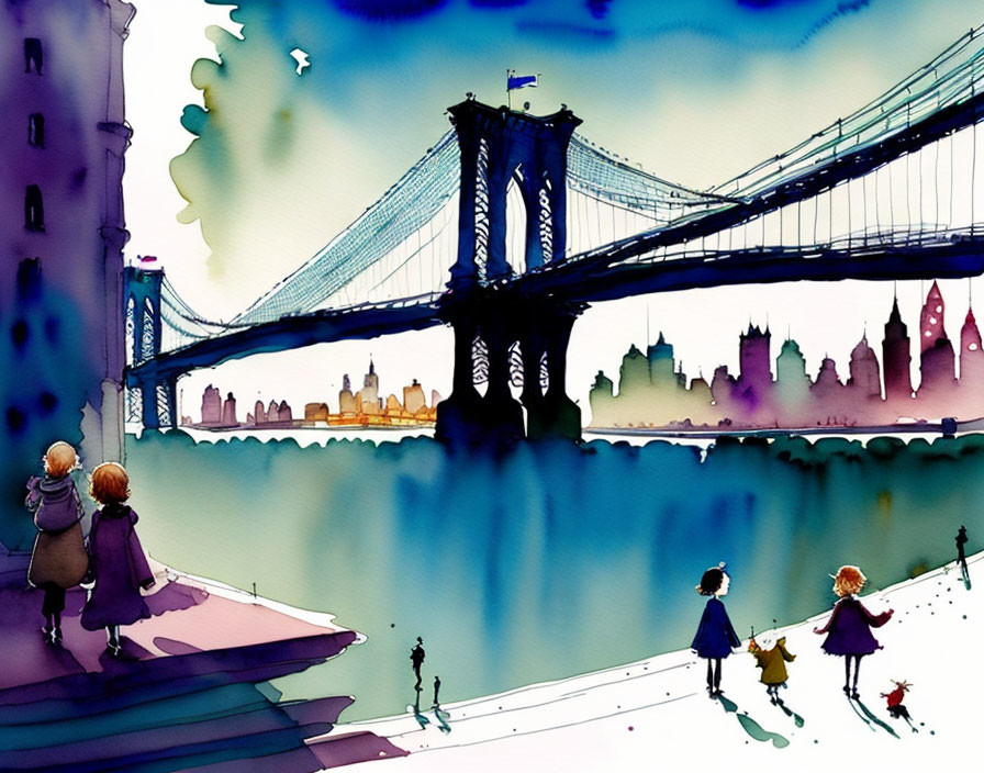 Illustration of children, dog near Brooklyn Bridge & cityscape