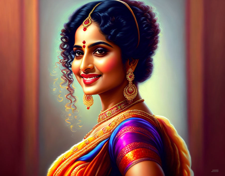 Traditional Indian attire woman illustration with detailed jewelry and bun hairstyle