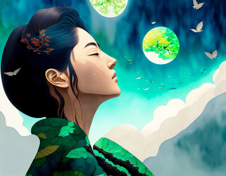 Woman with blue hair, floral hair accessories, green leafy garment, birds, moons in surreal sky