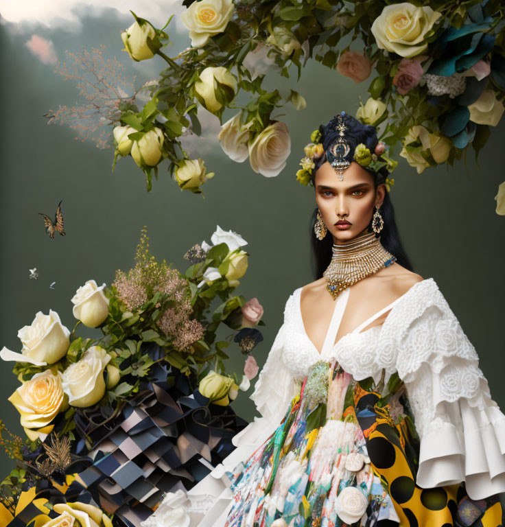 Woman in intricate floral dress with butterflies and suspended flowers on moody backdrop