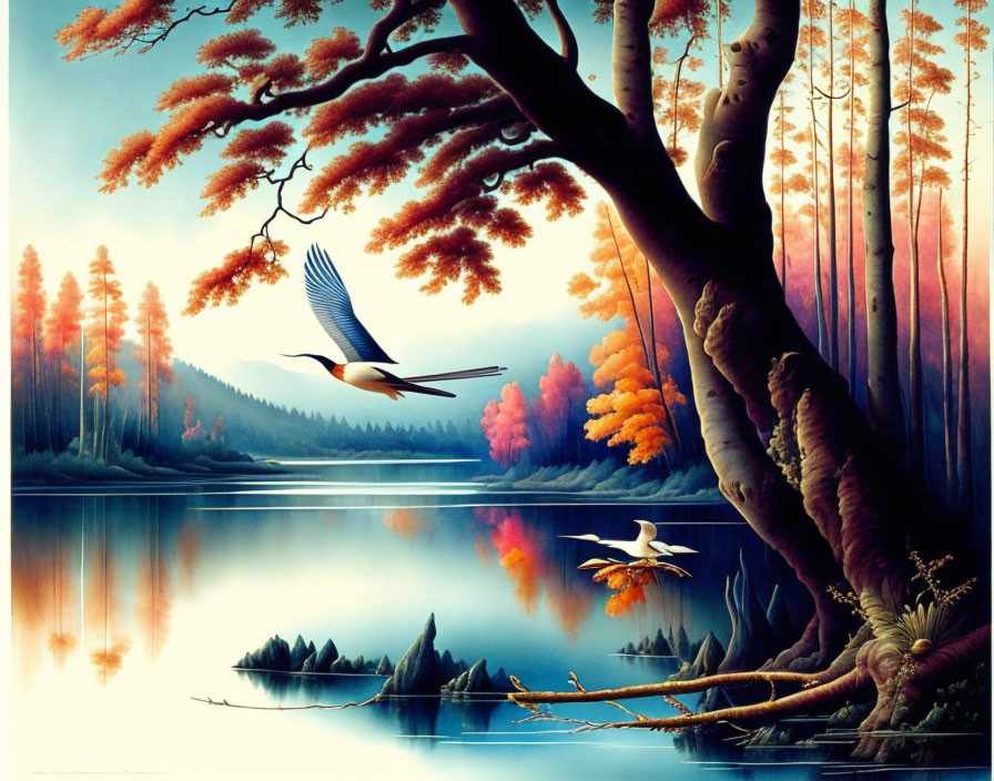 Colorful autumn trees by serene lake with birds and large tree in foreground