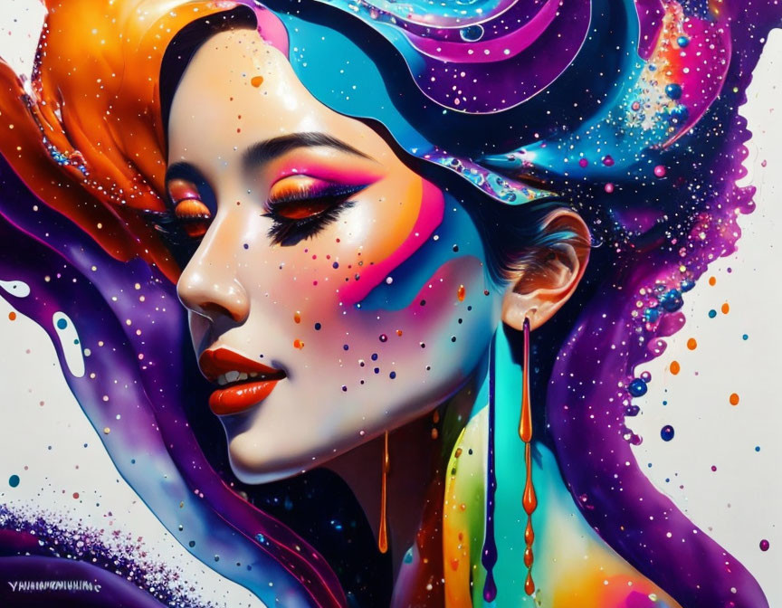 Colorful portrait of a woman with flowing hair and bold makeup