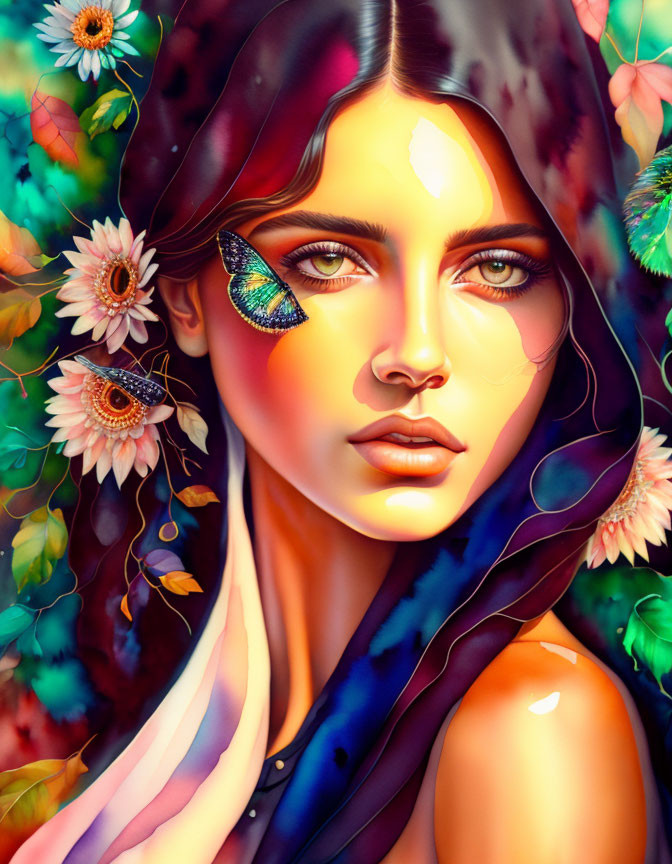 Vibrant woman portrait with flowers and butterfly, dreamy atmosphere