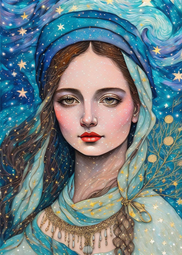 Celestial-themed woman illustration with starry headscarf and golden ornaments