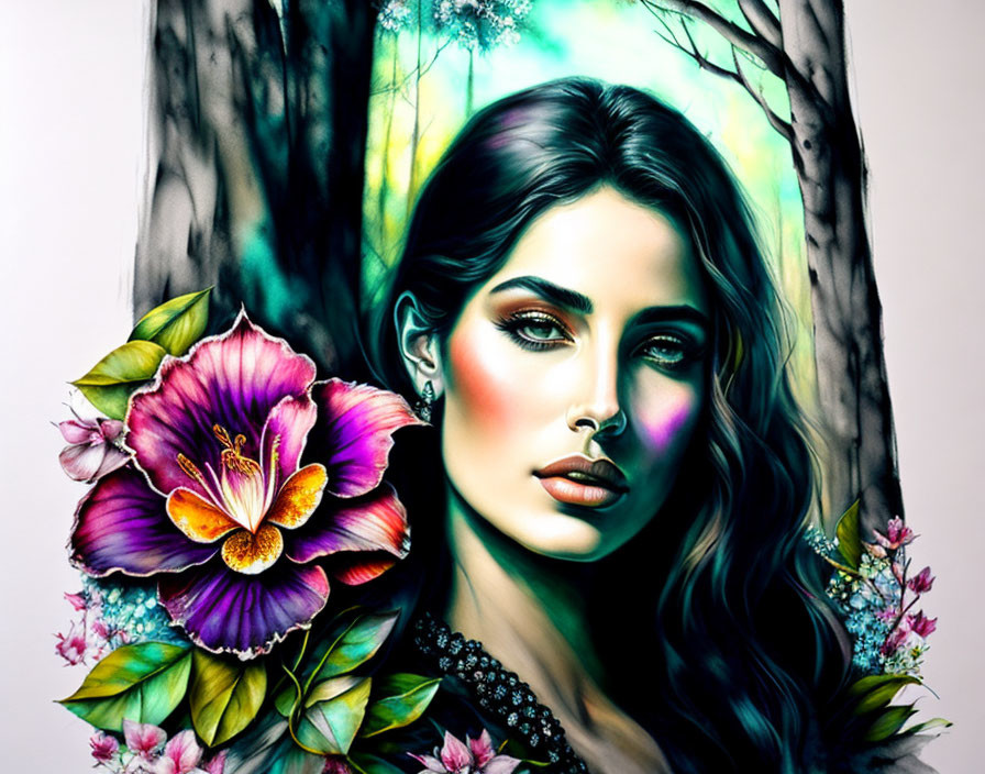 Colorful woman with striking makeup near vibrant flower in mystical forest