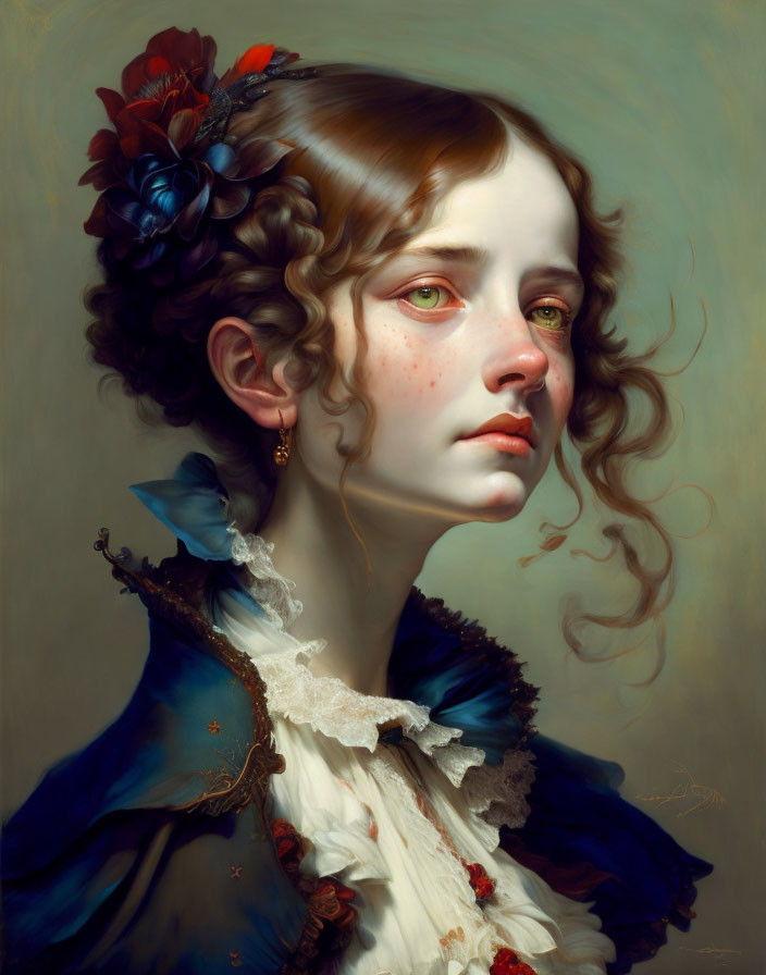 Young woman in Victorian attire with teary eyes and flowers in hair