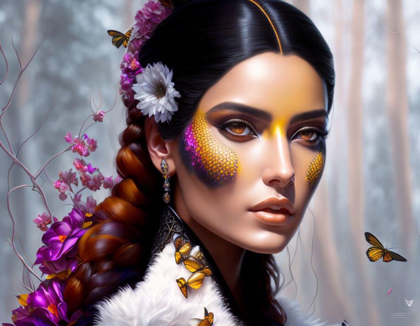 Portrait of a woman with yellow eye makeup, flowers, butterflies, and fur collar