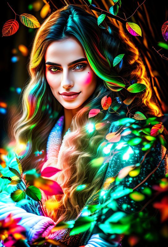 Colorful digital artwork of a woman surrounded by vibrant lighting and leaves, creating a magical atmosphere