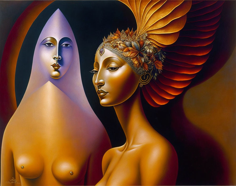 Surreal painting featuring two stylized women in contrasting attire