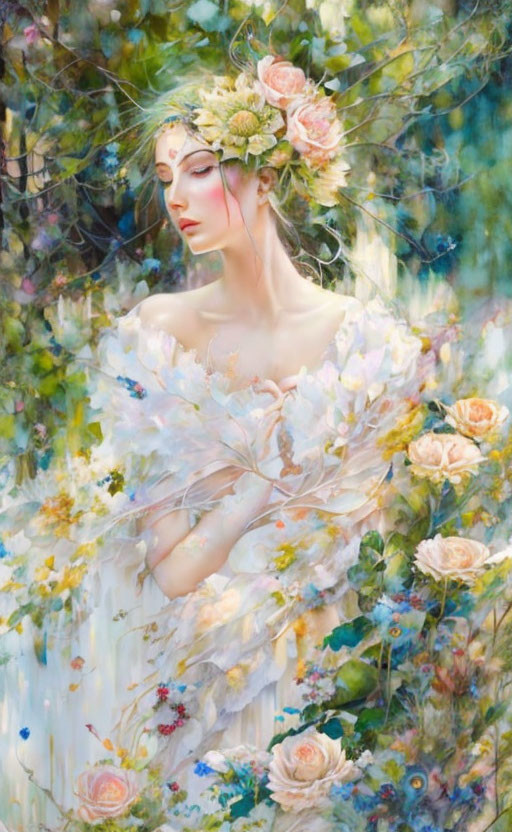 Woman in Floral Crown and Sheer Flower Gown in Ethereal Garden