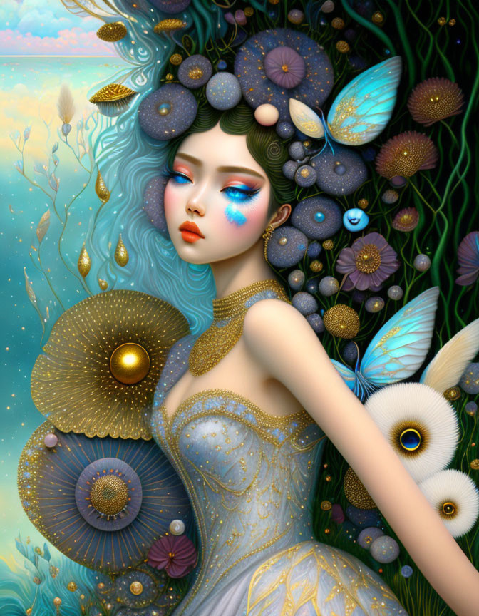 Fantasy portrait of woman with blue hair, flowers, butterflies in surreal nature backdrop