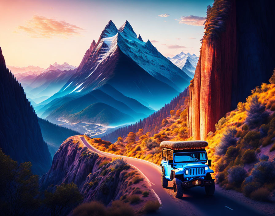 Blue off-road vehicle drives through mountainous landscape at sunset