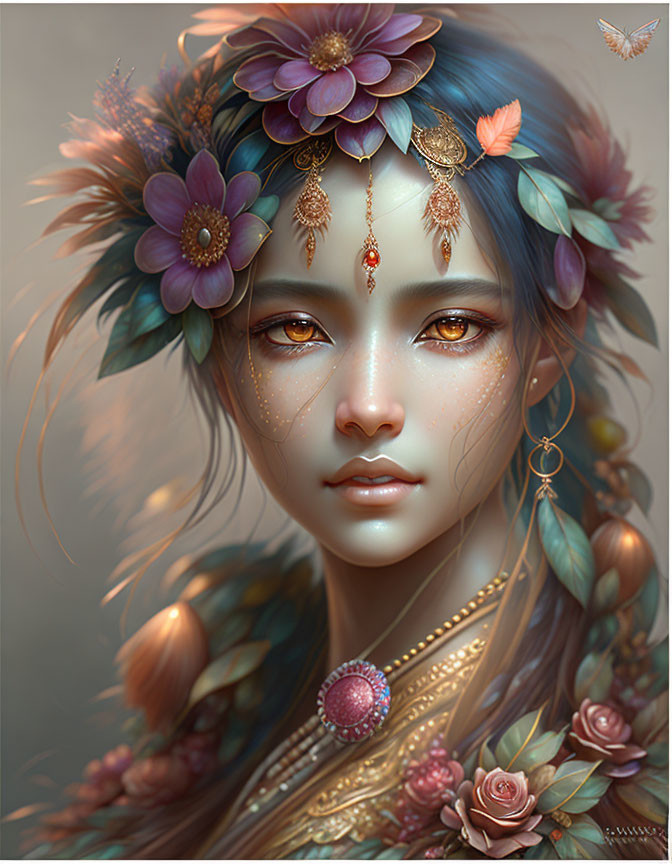 Digital artwork: Woman adorned with floral and butterfly motifs