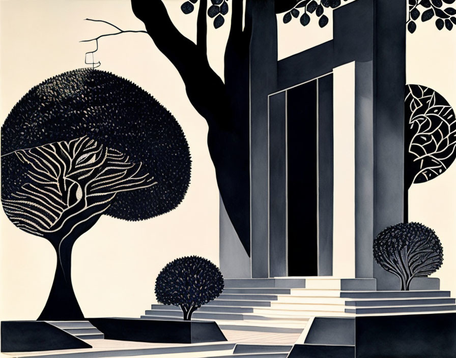 Monochrome illustration of trees, building, steps, and geometric shapes