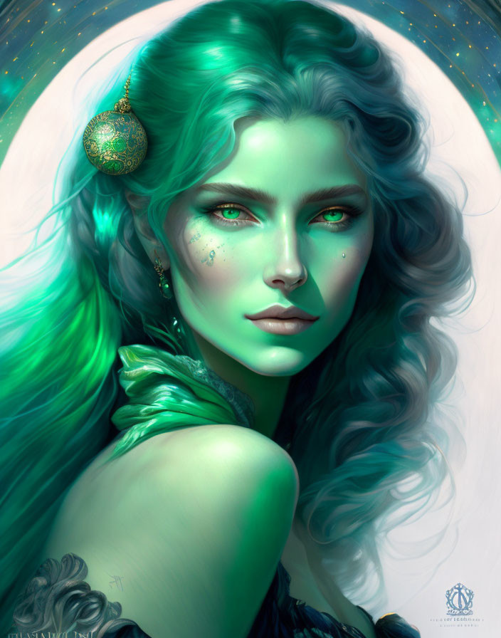 Fantasy portrait of woman with green hair and eyes against crescent moon.