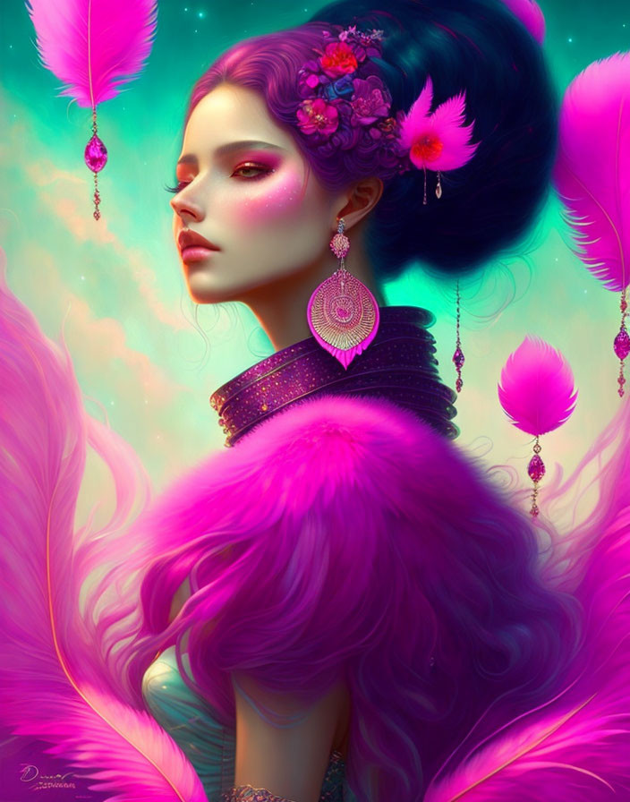 Colorful illustration of a woman with magenta and teal tones, featuring feathers, floral hairpiece,