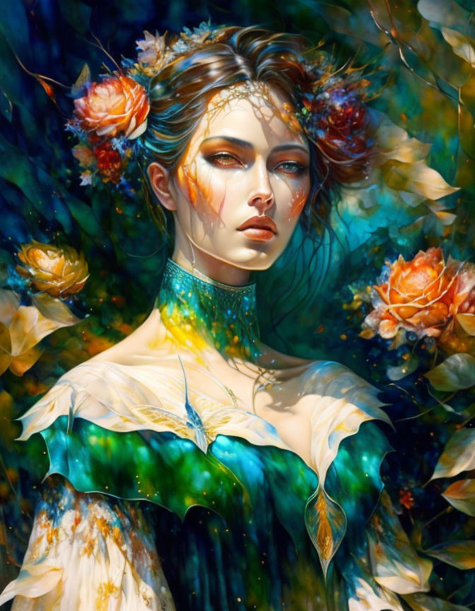 Ethereal woman with artful makeup and floral gown blending into vibrant backdrop