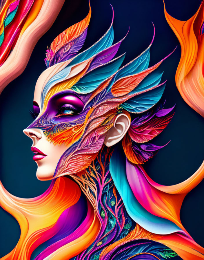 Colorful feather-like patterns on person's profile against dark background