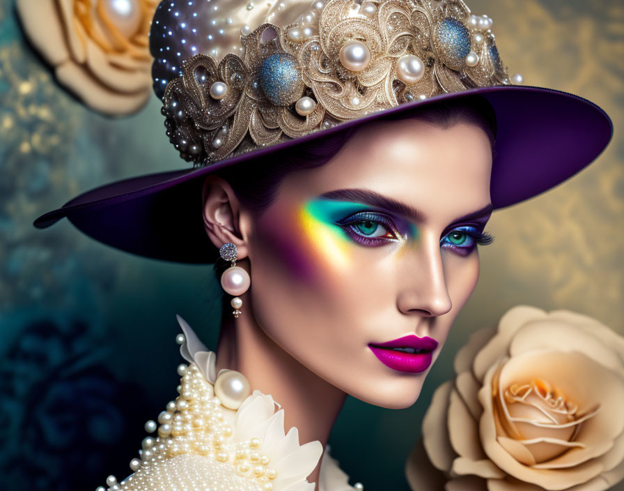 Colorful Rainbow Eyeshadow Woman with Pearl Accessories and Embellished Hat on Floral Background