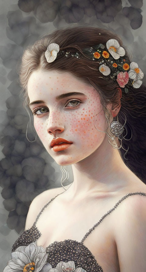 Portrait of young woman with freckles and floral accessories in digital painting