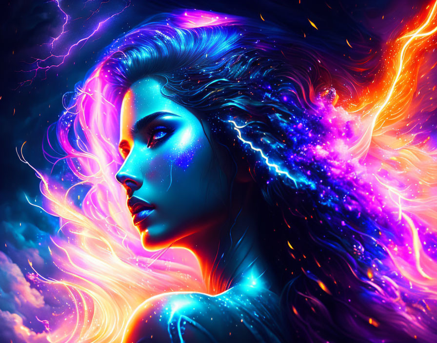 Colorful digital artwork of a woman with blue skin and flowing hair against a cosmic background