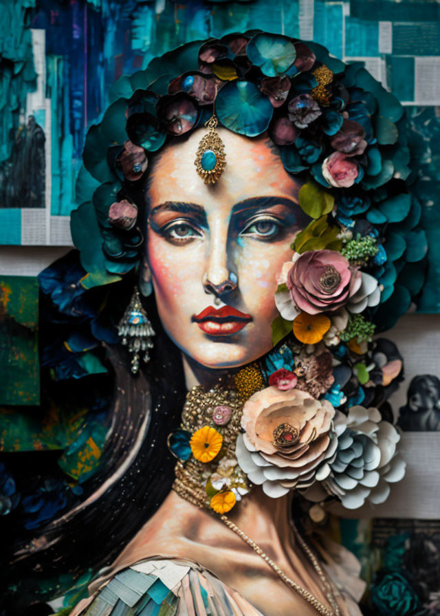 Colorful Mixed Media Portrait of Woman with Floral Headdress