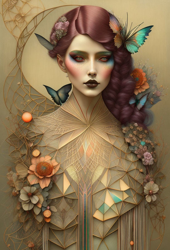 Stylized portrait of woman with maroon hair and green eyes surrounded by geometric patterns, butterflies,