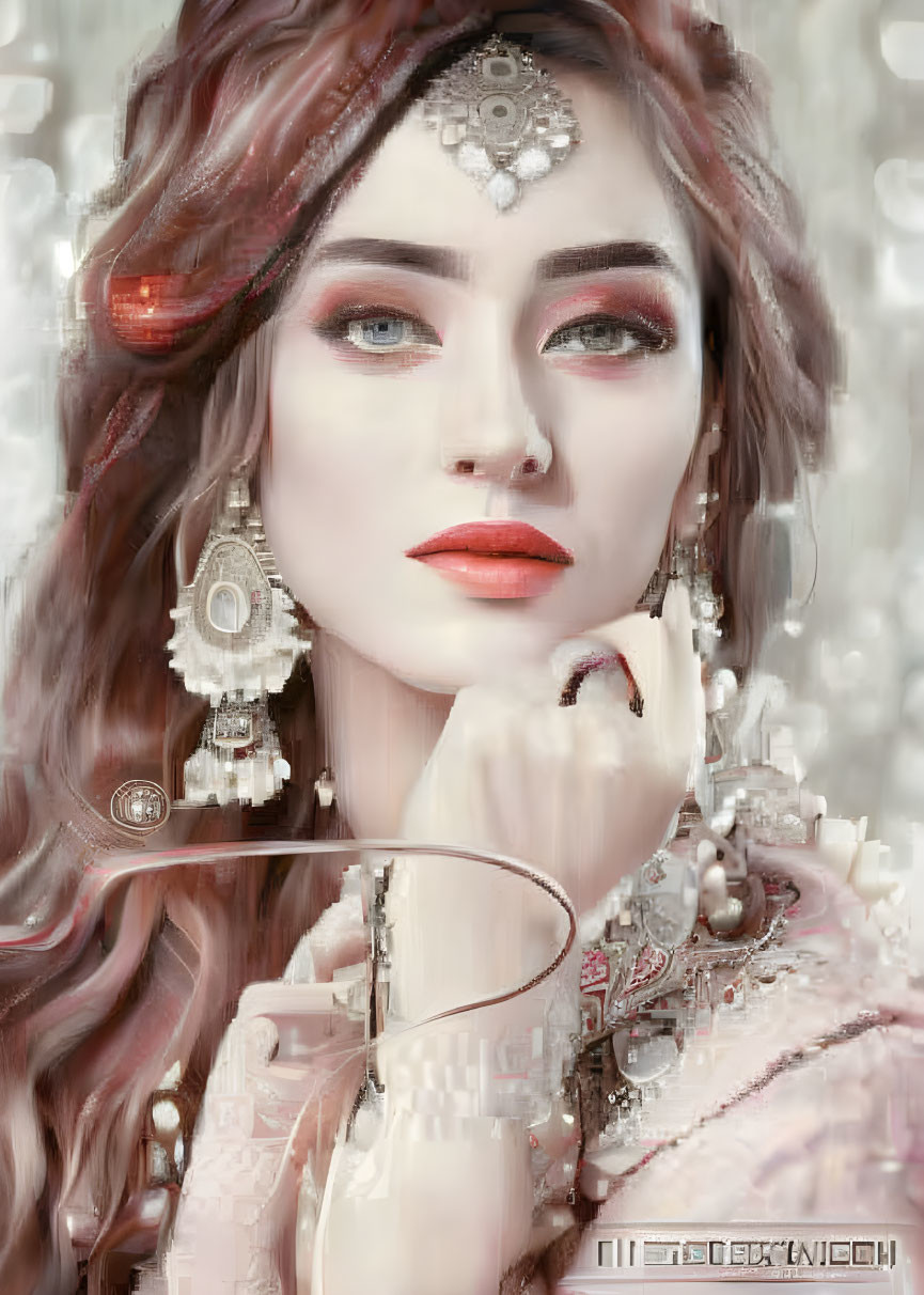 Detailed digital portrait of a woman with red-tinted sunglasses, intricate jewelry, and elaborate makeup ex