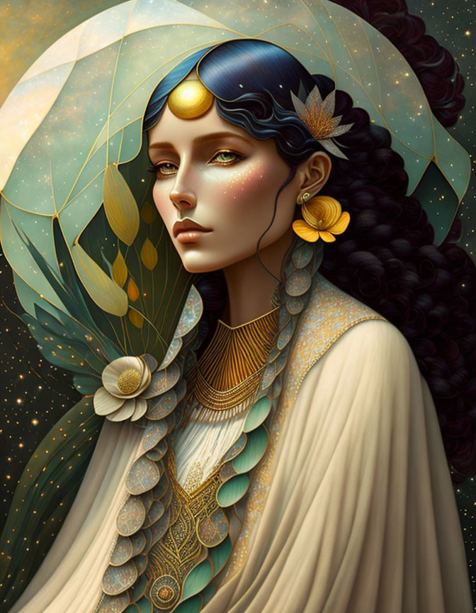 Woman with Blue Hair and Golden Accessories in Mystical Setting