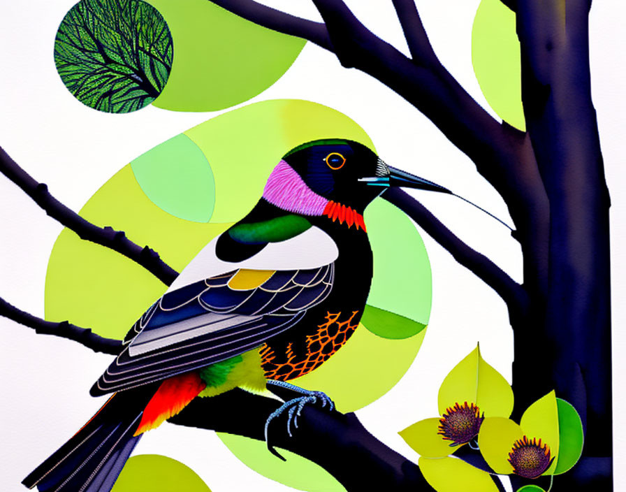 Colorful Bird Illustration Perched on Branch with Abstract Leaf Elements