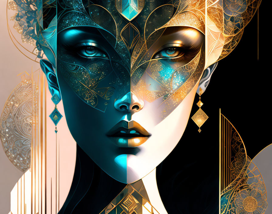 Detailed digital artwork of woman in gold and turquoise mask