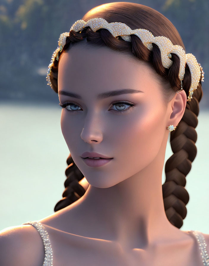 Digital portrait of woman with blue eyes and braided hair against natural background