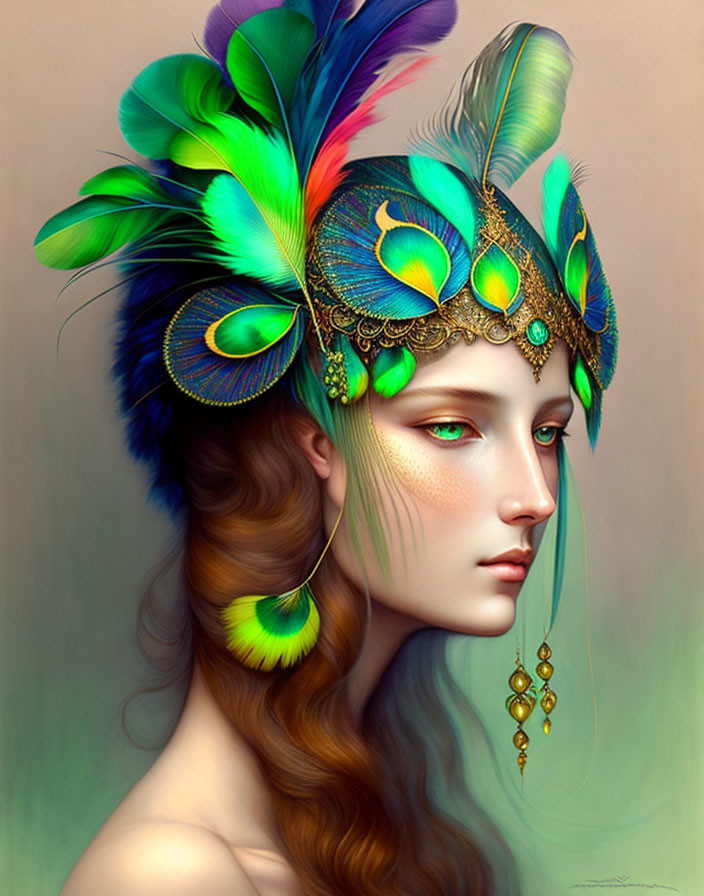 Multicolored wavy hair with peacock feathers and golden jewelry portrait.