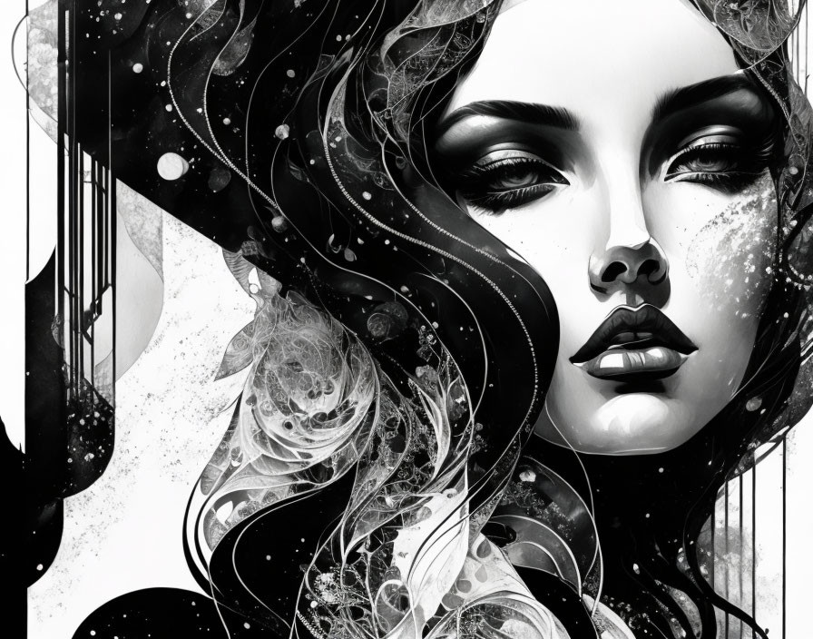 Monochrome artistic illustration of woman with flowing hair and abstract patterns.