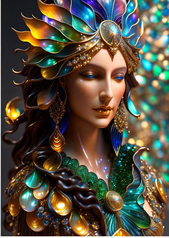 Opulent digital artwork of woman with fantastical headdress and ornate jewelry