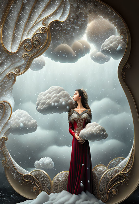 Woman in red dress gazes at snowy mirror scene with falling snowflakes