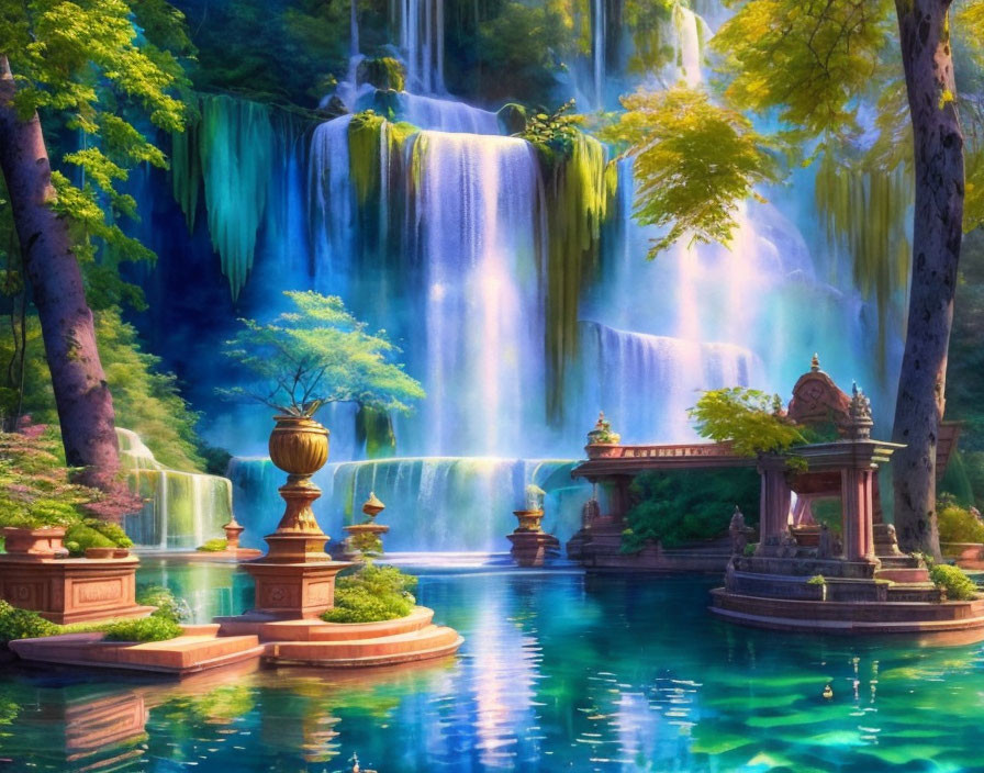 Majestic waterfall in vibrant fantasy landscape