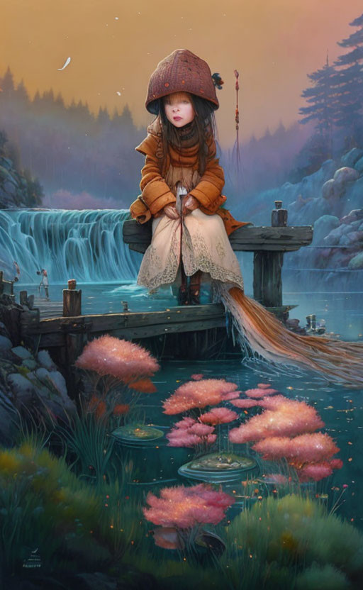 Young girl on dock by waterfall surrounded by pink flora with fishing rod in mystical ambiance