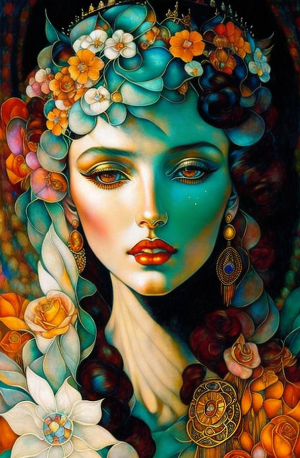 Colorful artwork of woman with blue skin and floral hair in warm hues.