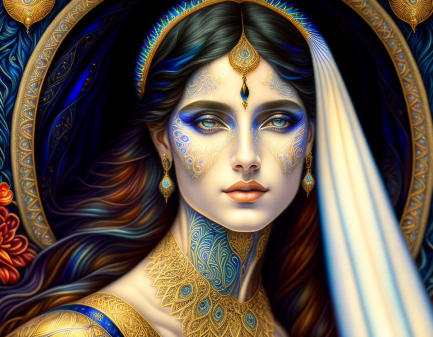 Detailed digital painting of a woman with blue face patterns and ornamental background