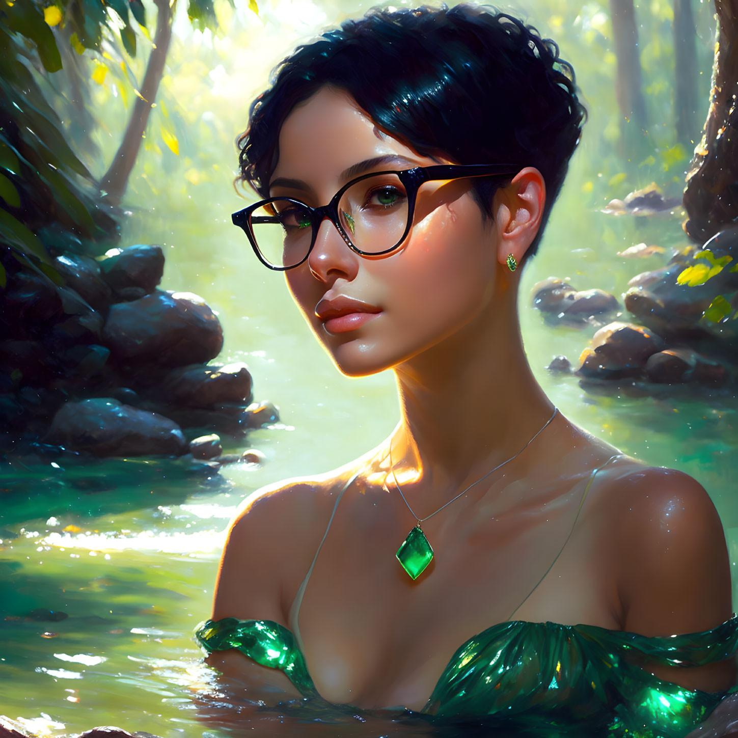 Digital artwork: Woman in green dress, glasses, short hair, in water with forest backdrop