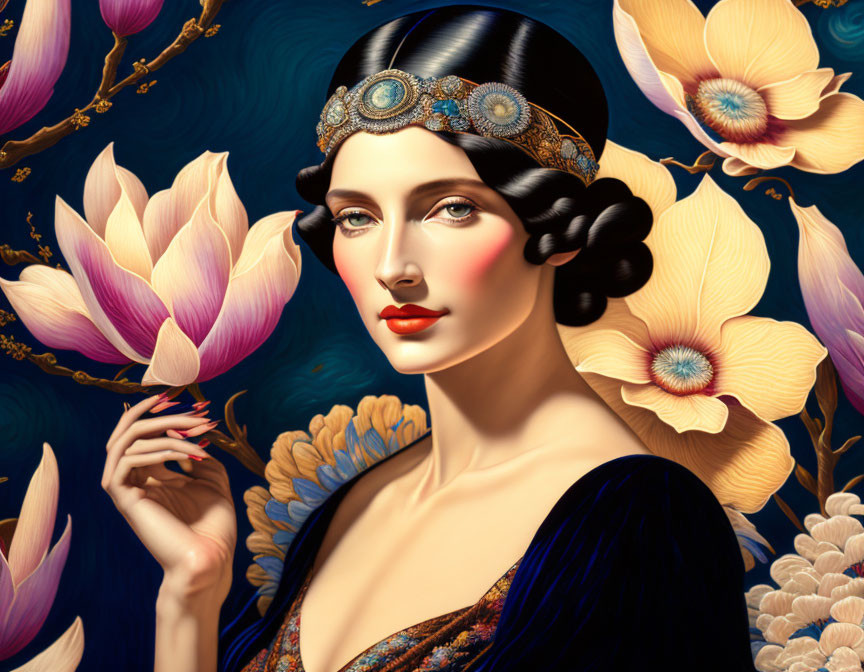 Digital portrait of woman with dark hair in 1920s headpiece and vibrant floral backdrop