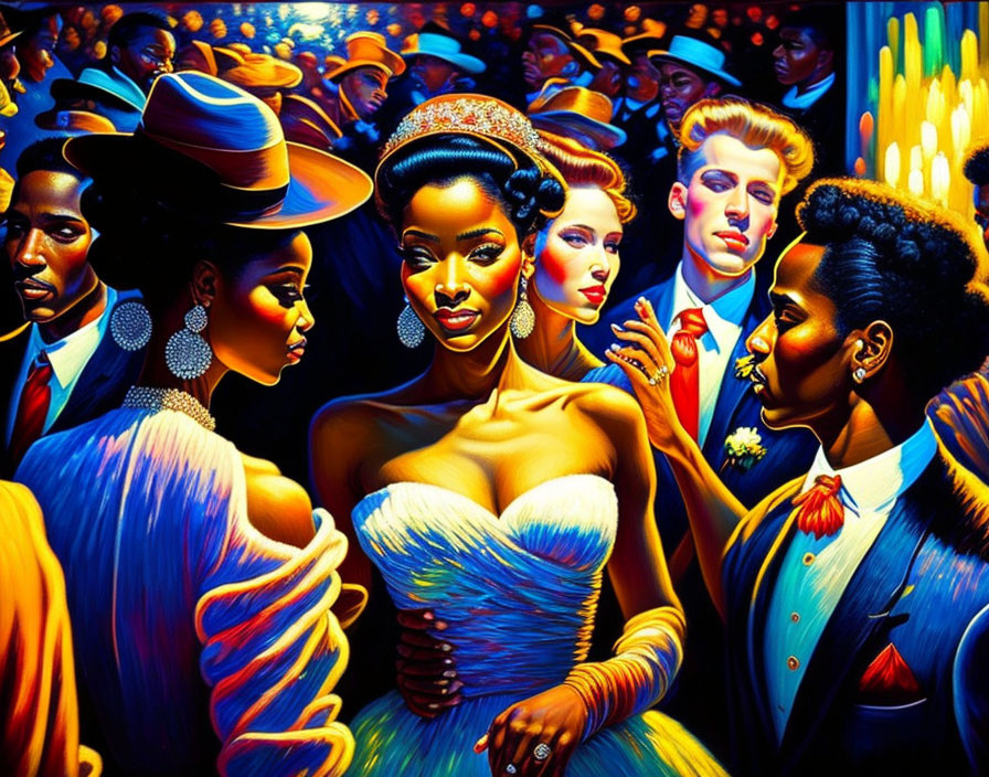 Vibrant painting of elegant gathering with woman in tiara and well-dressed individuals